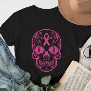 Sugar Skull Pink Ribbon Calavera Breast Cancer Awareness T Shirt 1 2