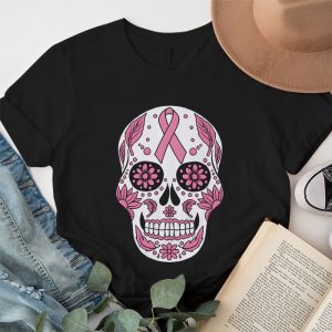 Sugar Skull Pink Ribbon Calavera Breast Cancer Awareness T Shirt 1 4