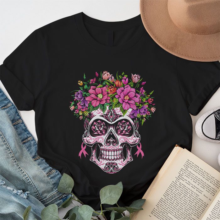 Sugar-Skull-Pink-Ribbon-Calavera-Breast-Cancer-Awareness-T-Shirt-1 Sugar Skull Pink Ribbon Calavera Breast Cancer Awareness T Shirt 1