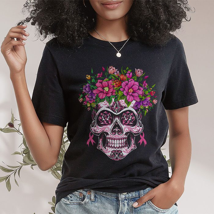 Sugar-Skull-Pink-Ribbon-Calavera-Breast-Cancer-Awareness-T-Shirt-2 Sugar Skull Pink Ribbon Calavera Breast Cancer Awareness T Shirt 2