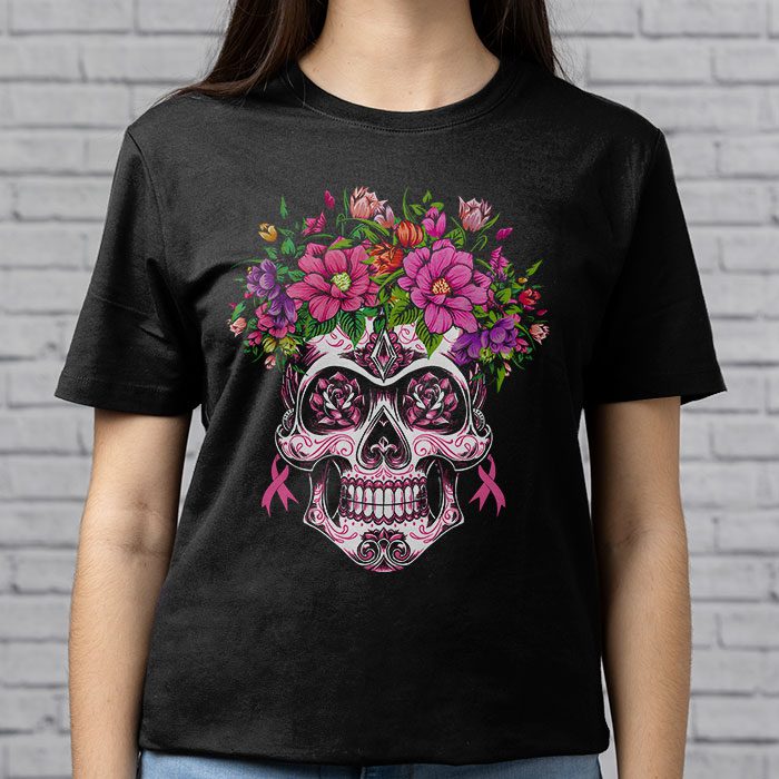 Sugar-Skull-Pink-Ribbon-Calavera-Breast-Cancer-Awareness-T-Shirt-3 Sugar Skull Pink Ribbon Calavera Breast Cancer Awareness T Shirt 3