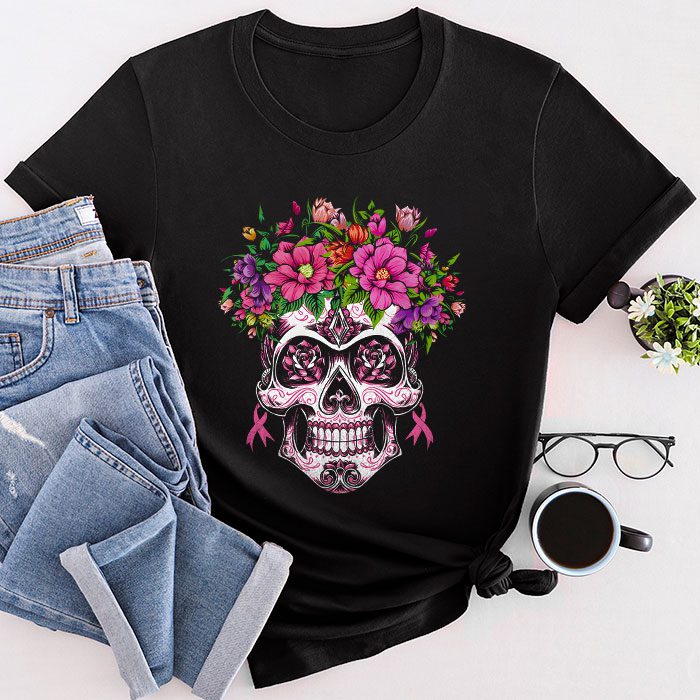 Sugar Skull Pink Ribbon Calavera Breast Cancer Awareness T-Shirt