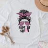 Support Squad Messy Bun Leopard Pink Breast Cancer Awareness Longsleeve Tee