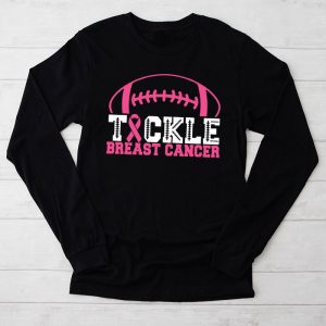 Tackle Football Breast Cancer Awareness Shirt Pink Ribbon Boys Kid Longsleeve Tee