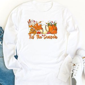 Tis The Season Pumpkin Leaf Latte Fall Thanksgiving Baseball Longsleeve Tee 1 2