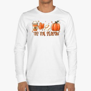 Tis The Season Pumpkin Leaf Latte Fall Thanksgiving Baseball Longsleeve Tee 3 1