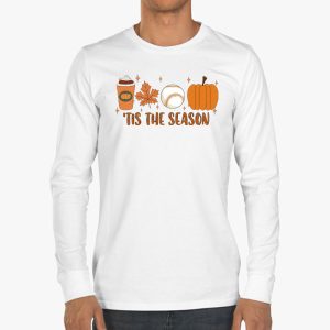 Tis The Season Pumpkin Leaf Latte Fall Thanksgiving Baseball Longsleeve Tee 3