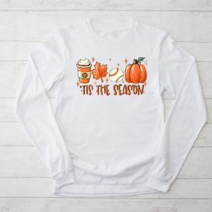 Tis The Season Pumpkin Leaf Latte Fall Thanksgiving Baseball Longsleeve Tee