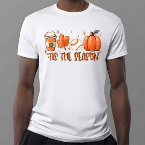 Tis The Season Pumpkin Leaf Latte Fall Thanksgiving Baseball T Shirt 3 1