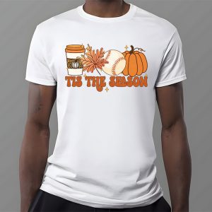 Tis The Season Pumpkin Leaf Latte Fall Thanksgiving Baseball T Shirt 3 4