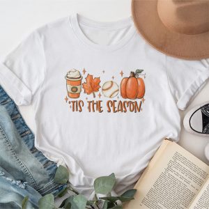 Tis The Season Pumpkin Leaf Latte Fall Thanksgiving Baseball T-Shirt