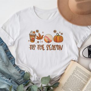 Tis The Season Pumpkin Leaf Latte Fall Thanksgiving Baseball T-Shirt