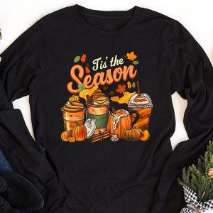 Tis The Season Pumpkin Leaf Latte Fall Thanksgiving Football Longsleeve Tee 1 4