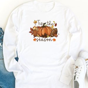 Tis The Season Pumpkin Leaf Latte Fall Thanksgiving Football Longsleeve Tee 1 9