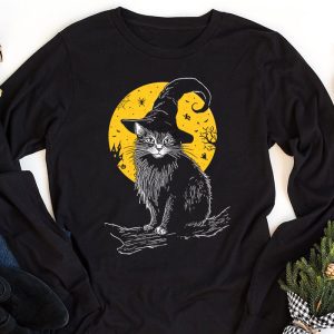Vintage Scary Halloween Black Cat Costume Retro Moon Cat Mom Longsleeve Tee 1 2