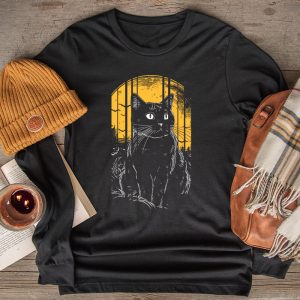 Vintage Scary Halloween Black Cat Costume Retro Moon Cat Mom Longsleeve Tee