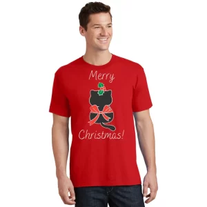 Christmas Cat Rapped Present Bow T Shirt 1