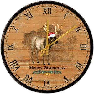 Christmas Moose Quartz Wooden Round Wall Clocks Non-Ticking Wall Clock 10 Inch Vintage Merry Christmas Moose Clocks Kitchen Farmhouse Wooden Clock Wal