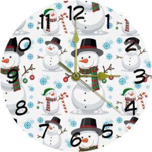 Christmas Snowmen Pattern Blue Snowflake Merry Xmas Decorative Round Wall Clock 9.85 Inch Silent Clock For Living Room Kitchen Bedroom