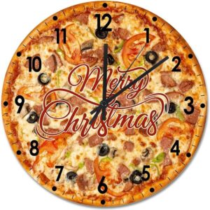 Christmas Wood Wall Clock Pizza Merry Christmas Round Wall Clock Silent Non-Ticking 10x10in Wooden Clocks Decor Bedroom Office Living Room