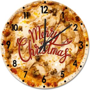 Christmas Wood Wall Clock Pizza Merry Christmas Round Wall Clock Silent Non-Ticking 10x10in Wooden Clocks Decor Bedroom Office Living Room