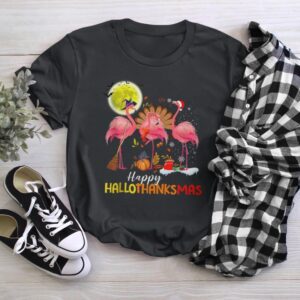 Cute Flamingo Hallothanksmas Happy Halloween Thanksgiving Merry Christmas T-Shirt