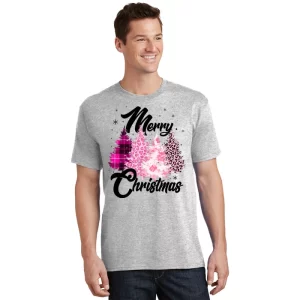 Cute Merry Christmas Pink Pattern Christmas Pine Trees T Shirt 1