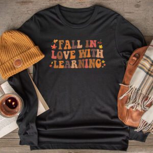 Funny Thanksgiving Shirts Fall In Love With Learning Fall Teacher Retro Longsleeve Tee