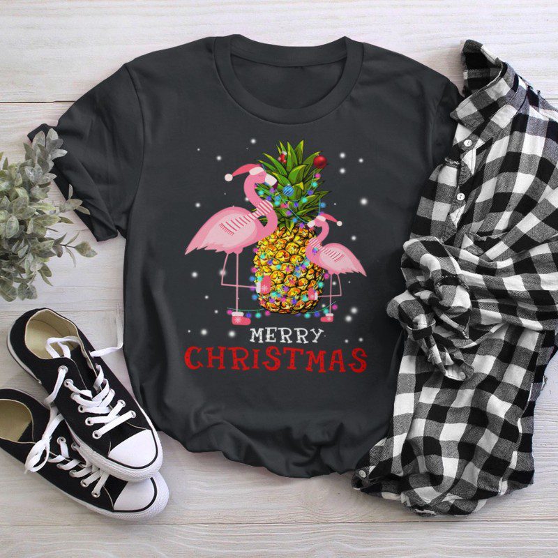 Flamingo Christmas Tree Pineapple Xmas Light Merry Christmas T-Shirt