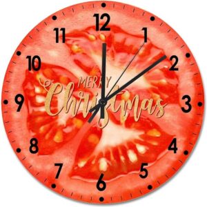 Fruit Wood Wall Clock Fruit Merry Christmas Round Wall Clock Silent Non-Ticking 10x10in Wooden Clocks Home Decor Art For Living Room Kitche