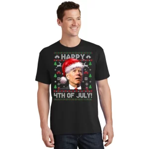 Happy 4th Of July Merry Santa Hat Biden Ugly Christmas T Shirt 1