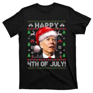 Happy 4th Of July Merry Santa Hat Biden Ugly Christmas T-Shirt