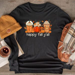 Fall Shirt Ideas Happy Fall Y’all Latte Coffee Leopard Pumpkin Autumn Longsleeve Tee