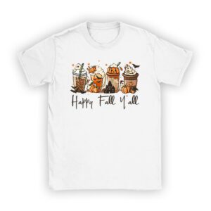 Fall Shirt Ideas Happy Fall Y’all Latte Coffee Leopard Pumpkin Autumn T-Shirt