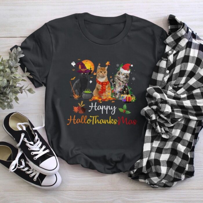 Happy Hallothanksmas Cats Lover Halloween Merry Christmas T-Shirt