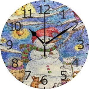 Hello Winter Snowman Cute Animals Happy New Year Merry Christmas Round Wall Clock Silent Non Ticking