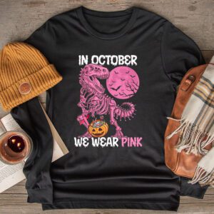 In October We Wear Pink Dinosaur Trex Breast Cancer Kids Longsleeve Tee 2 5