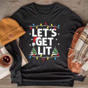 Let's Get Lit Drinking Santa Hat Christmas Lights Funny Longsleeve Tee