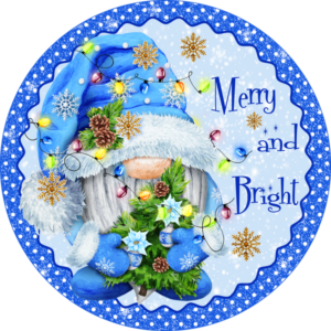 Merry And Bright Blue Gnome Winter Christmas Sign