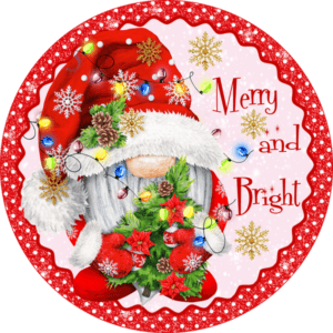 Merry And Bright Red Gnome Winter Christmas Sign