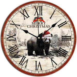 Merry Christmas Bear Wall Clock 12x12 Inch Bathroom Round PVC Clock Battery Operated Silent Noiseless Vintage Easy To Read PVC Wall Clocks For Living