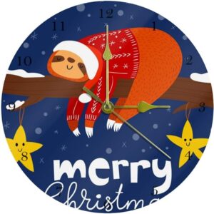 Merry Christmas Cute Sloth Dreaming Decorative Round Wall Clock 9.85 Inch Silent Clock For Living Room Kitchen Bedroom