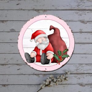 Merry Christmas Door Sign Vintage Santa Clause Pink Circle Wood Grain Round Metal Tin Sign Outdoor Christmas Hanging Decorations Shabby Metal Sign For