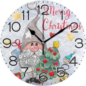 Merry Christmas Gnome Wall Clock Battery Operated Non Ticking Silent Quartz Analog Rustic Farmhouse Round Clock Retro Decor For Home Kitchen Living Ro