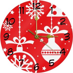 Merry Christmas Red Ornament 0 Decorative Round Wall Clock 9.85 Inch Silent Clock For Living Room Kitchen Bedroom