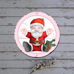 Merry Christmas Sign Vintage Santa Clause Pink Circle Wood Grain Round Metal Tin Sign Hanging Christmas Decorations Vintage Aluminum Sign For Living R