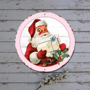 Merry Christmas Sign Vintage Santa Clause Pink Circle Wood Grain Round Metal Tin Sign Indoor Christmas Wall Decorations Distressed Stylish Tin Signs F