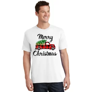 Merry Christmas Tree On Buffalo Plaid Truck T Shirt 1
