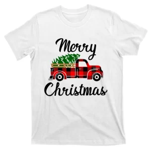 Merry Christmas Tree On Buffalo Plaid Truck T-Shirt