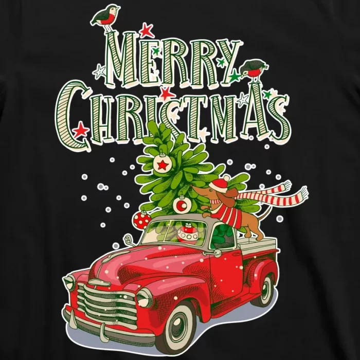 Merry Christmas Vintage Pickup Truck Tree Dachshund T Shirt 3